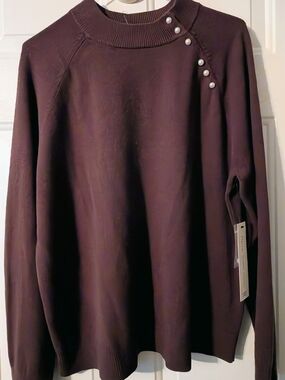 Mercer Street Studio Deep Plum Crewneck Sweater with Pearl Shoulder Buttons